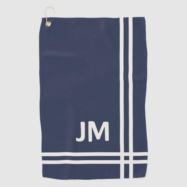 Elegant navy blue and white stripes design  golf towel (Front)