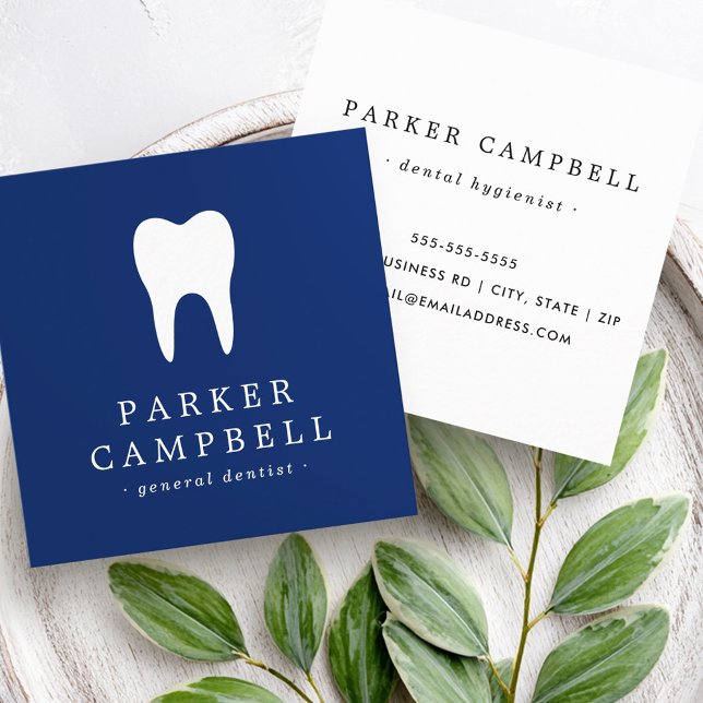 Elegant navy blue and white tooth dentist dental square business card (Elegant navy blue and white tooth dentist dental square business card)