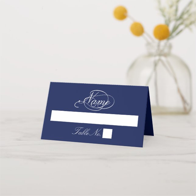 Elegant Navy Blue And White Wedding Place Card (Front)