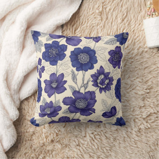 elegant Navy Blue Anemone Floral Cushion