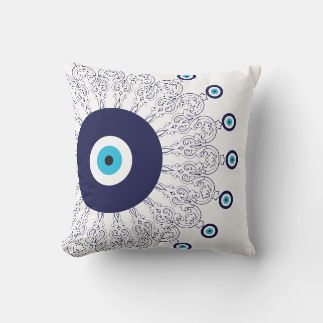 Elegant Navy Blue Aqua Evil Eye Boho Chic Mandala Cushion (Front)