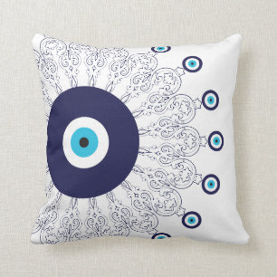Elegant Navy Blue Aqua Evil Eye Boho Chic Mandala Cushion