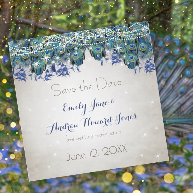 Elegant Navy Blue Aqua Peacock Feathers Typography Magnetic Invitation (Creator Uploaded)