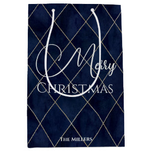Elegant Navy Blue Argyle Pattern Merry Christmas Medium Gift Bag