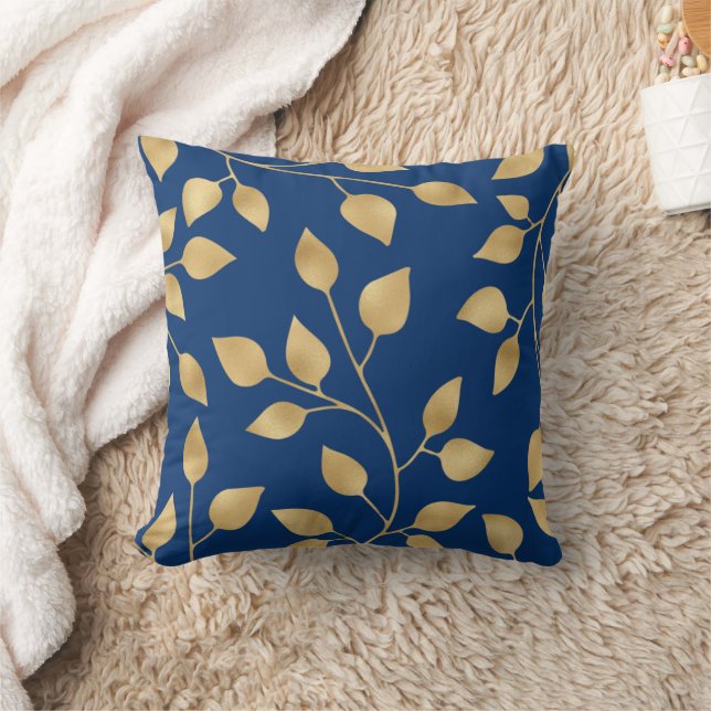 Elegant Navy Blue Backround with Gold Leaf Branch Cushion (Blanket)