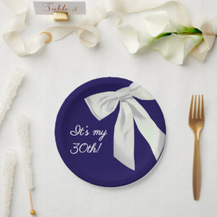 Elegant Navy Blue Birthday Paper Plate- White bow Plate