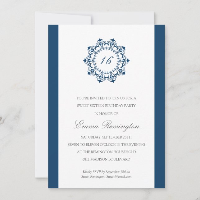 Elegant Navy Blue Birthday Party Invitation (Front)