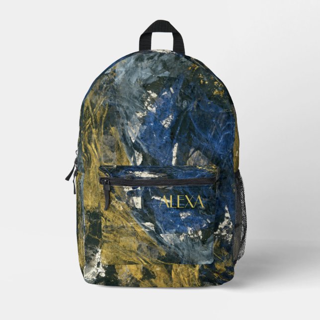 Elegant Navy Blue Black Gold Abstract Printed Backpack (Front)