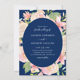 Elegant Navy Blue Blush Floral Frame Wedding Invitation