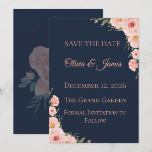 Elegant Navy Blue & Blush Floral Save the Date Car