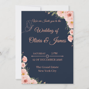  Elegant Navy Blue & Blush Floral Wedding Invitati Invitation