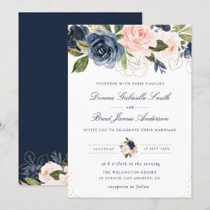 Elegant navy blue & blush floral wedding invitation