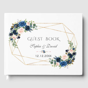Elegant Navy Blue Blush Flowers Bloom Gold Wedding Guest Book