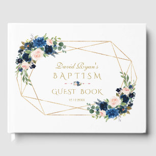 Elegant Navy Blue Blush Flowers Gold Boy Baptism Guest Book