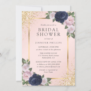 Elegant Navy Blue Blush Gold Floral Bridal Shower Invitation