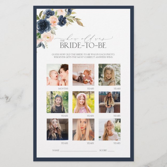 Elegant Navy Blue Blush Pink Bridal Shower Game (Front)