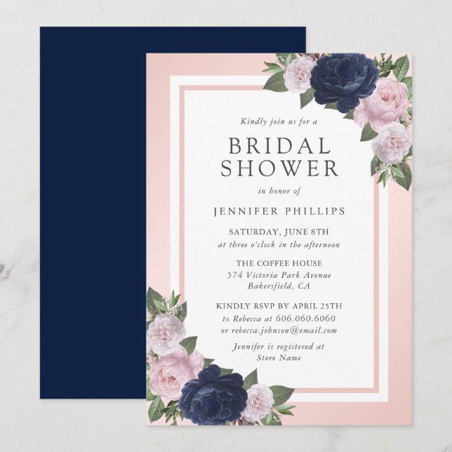 Elegant Navy Blue Blush Pink Floral Bridal Shower Invitation (Front/Back)