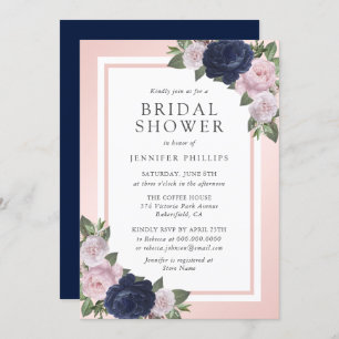 Elegant Navy Blue Blush Pink Floral Bridal Shower Invitation