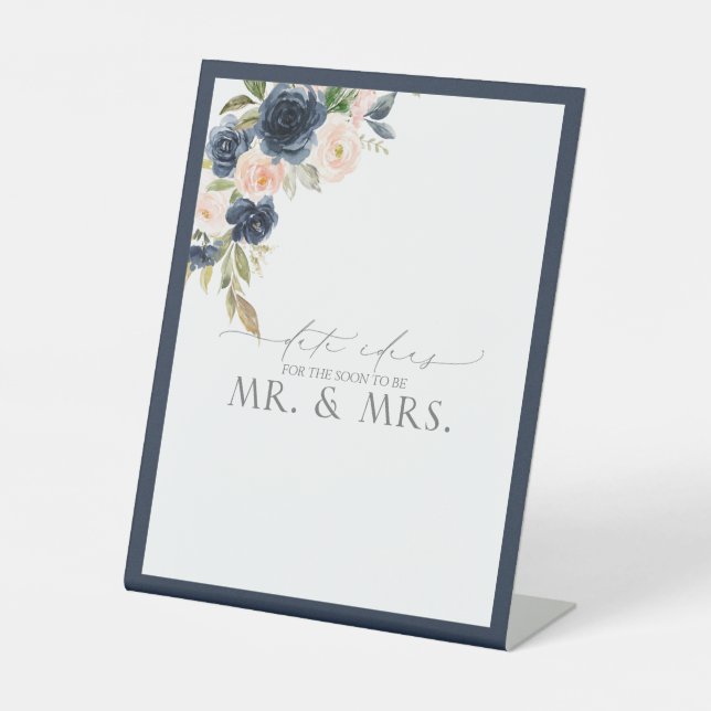 Elegant Navy Blue Blush Pink Floral Date Ideas Pedestal Sign (Front)