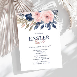 Elegant Navy Blue Blush Pink Floral Easter Lunch Invitation