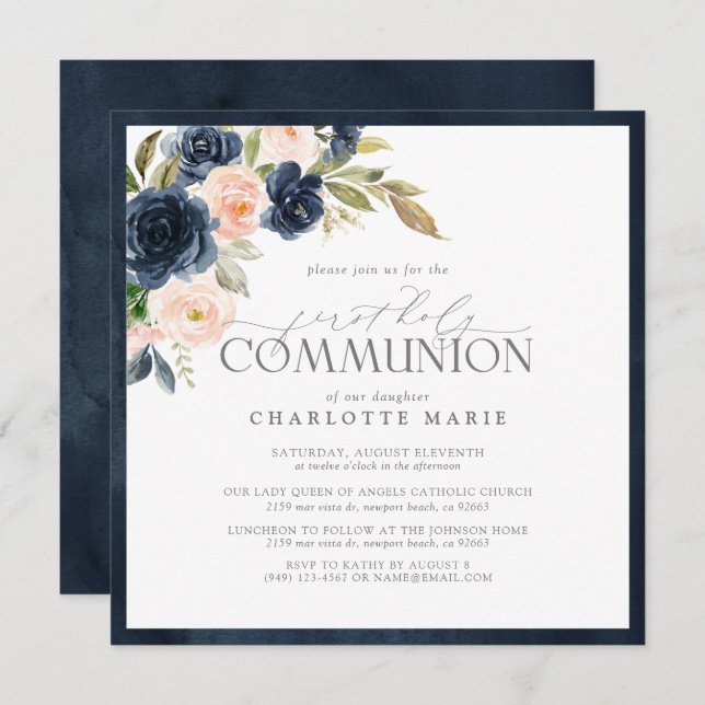 Elegant Navy Blue Blush Pink Floral Holy Communion Invitation (Front/Back)