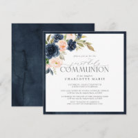 Elegant Navy Blue Blush Pink Floral Holy Communion