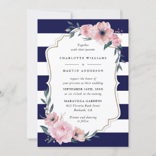 Elegant Navy Blue Blush Pink Floral Wedding Invitation