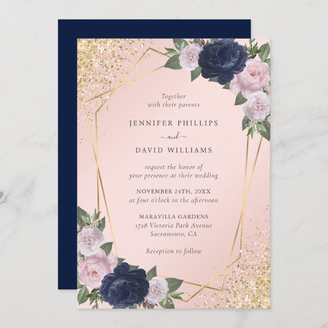Elegant Navy Blue Blush Pink Geo Gold Wedding Invitation (Front/Back)