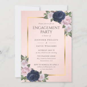 Elegant Navy Blue Blush Pink Gold Engagement Party Invitation