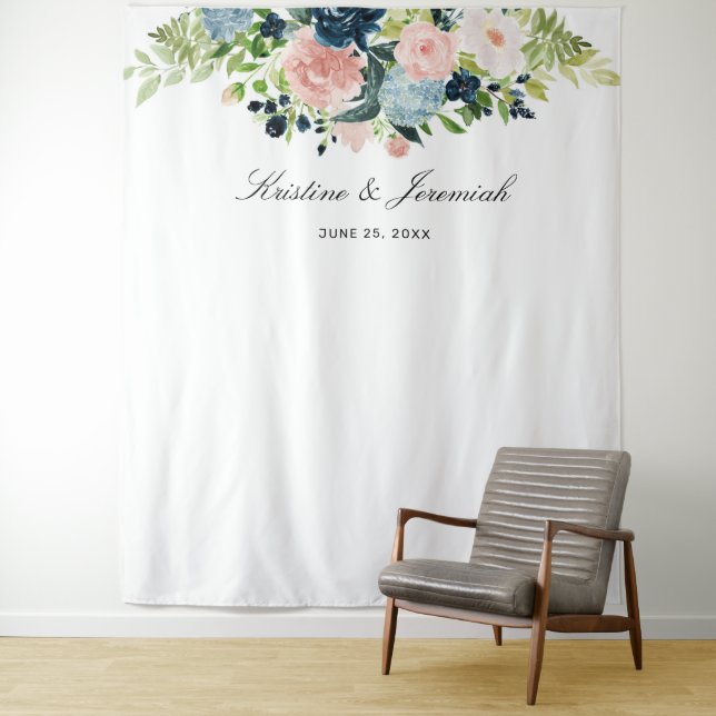 Elegant Navy Blue Blush Pink Rose Floral Wedding Tapestry (In Situ)
