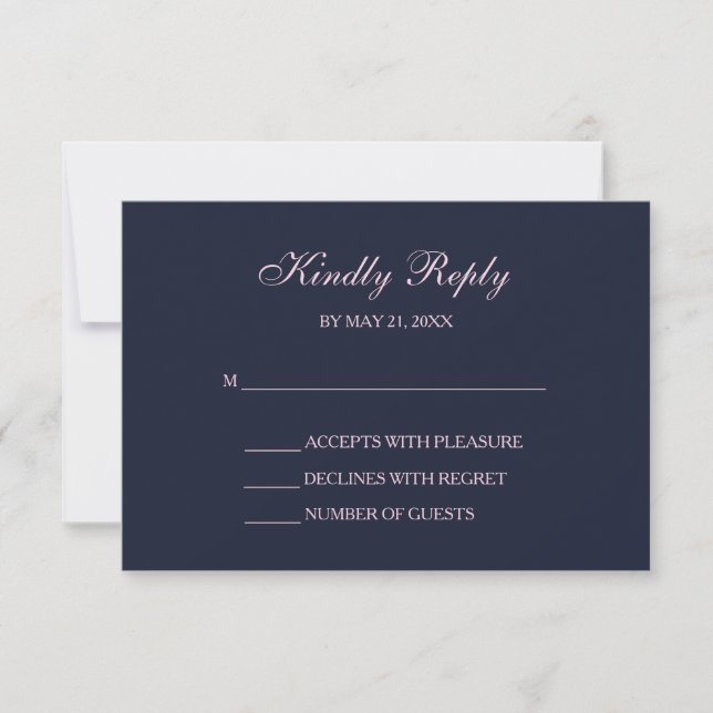 Elegant Navy Blue & Blush Pink Script RSVP Cards (Front)