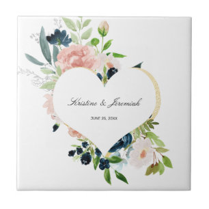 Elegant Navy Blue Blush Rose Floral Heart Wedding Ceramic Tile