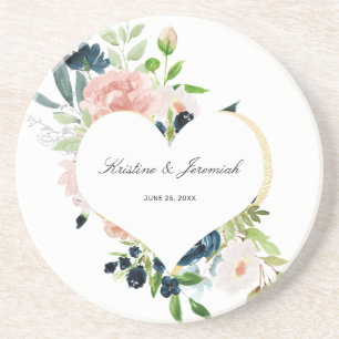 Elegant Navy Blue Blush Rose Floral Heart Wedding Coaster