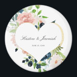 Elegant Navy Blue Blush Rose Floral Heart Wedding  Magnet<br><div class="desc">These custom floral magnets will be perfect to give your guests as wedding favours. This elegant design template features a faux gold heart accented with hand painted navy blue and blush pink watercolor roses with greenery. Personalise your names and wedding date in black script typography. Please check out our I...</div>