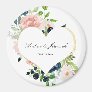 Elegant Navy Blue Blush Rose Floral Heart Wedding  Magnet
