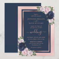 Elegant Navy Blue Blush Rose Gold Floral Wedding