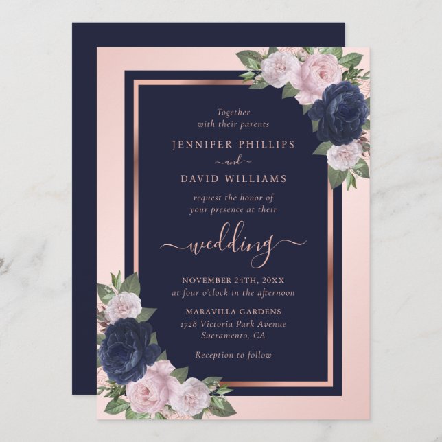 Elegant Navy Blue Blush Rose Gold Floral Wedding Invitation (Front/Back)