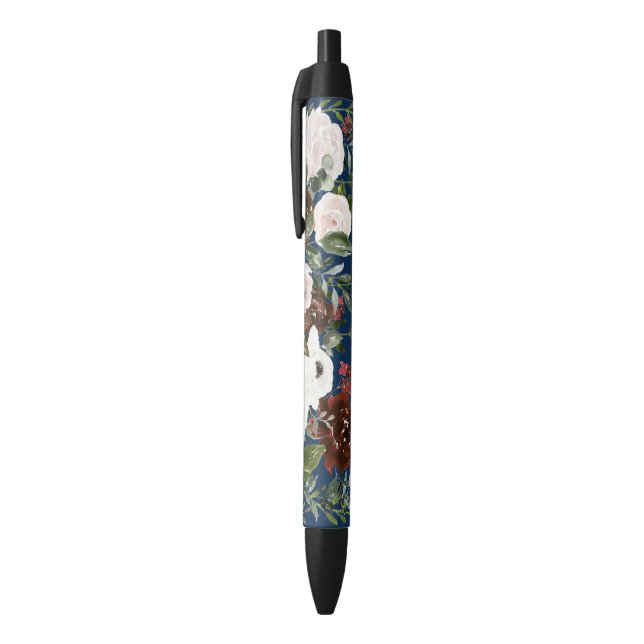 Elegant Navy Blue Blush Watercolor Floral Wedding  Black Ink Pen (Top (Vertical))