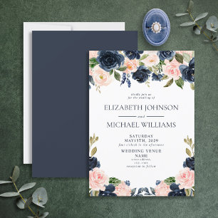 Elegant Navy Blue Blush Watercolor Floral Wedding Invitation