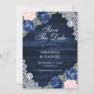Elegant Navy Blue Blush Wood Lace Floral Wedding Save The Date