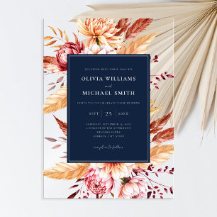 Elegant Navy Blue Boho Chic Floral Wedding Acrylic Invitations