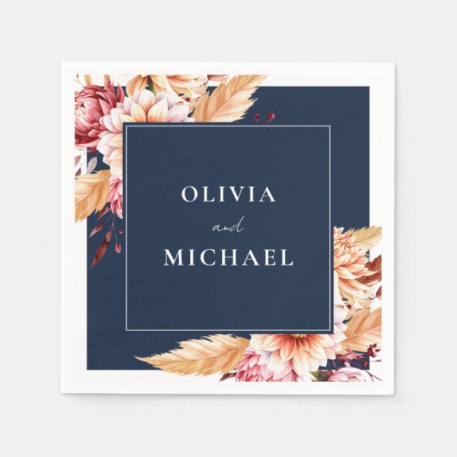 Elegant Navy Blue Boho Chic Floral Wedding Napkin (Front)