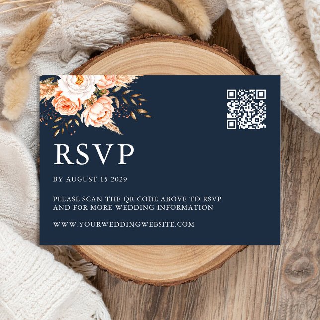 Elegant Navy Blue Boho Chic Floral Wedding RSVP Card (Creator Uploaded)