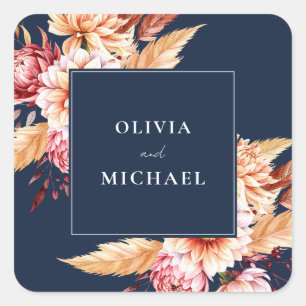 Elegant Navy Blue Boho Chic Floral Wedding Square Sticker