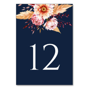 Elegant Navy Blue Boho Floral Wedding Table Number