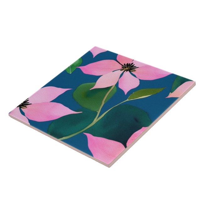 Elegant Navy Blue Botanical Ceramic Tile (Side)