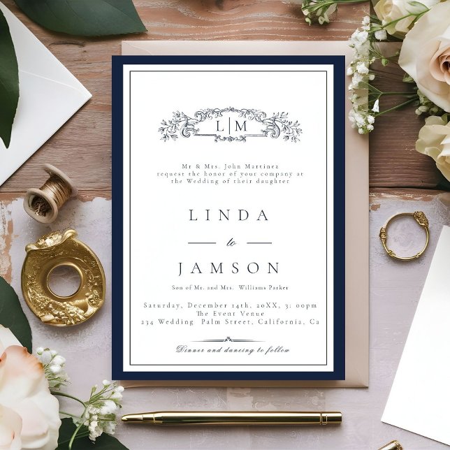 Elegant Navy Blue botanical crest monogram wedding Invitation (Creator Uploaded)