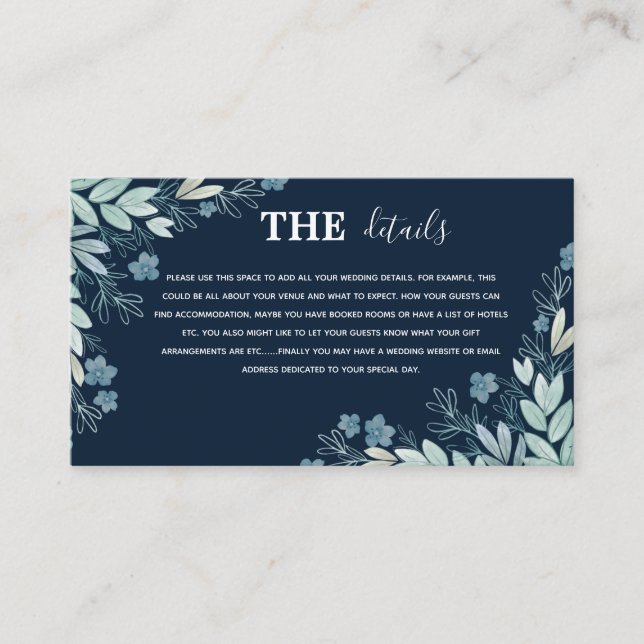 Elegant Navy Blue Botanical Details Wedding Enclosure Card (Front)