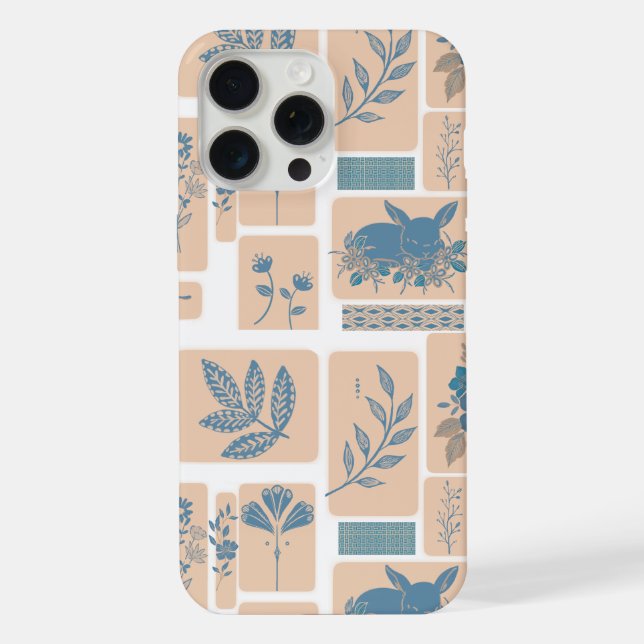 Elegant Navy Blue Botanical Rabbit Pattern Phone C iPhone Case (Back)