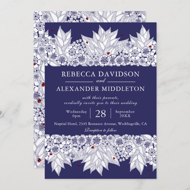 Elegant Navy Blue Botanical Wedding Invitation (Front/Back)